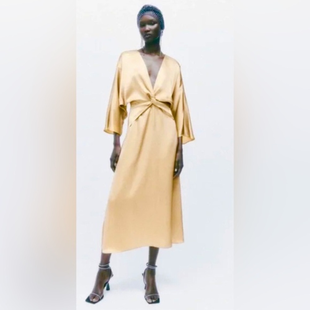 ZARA‎ WOMAN GOLD SATIN-EFFECT DRESS WITH KNOT DETAIL size XS new